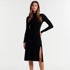 EVERNEW Black Mock Neck Long Sleeve Rib Knit Midi Dress with Side Slit - Size 2
